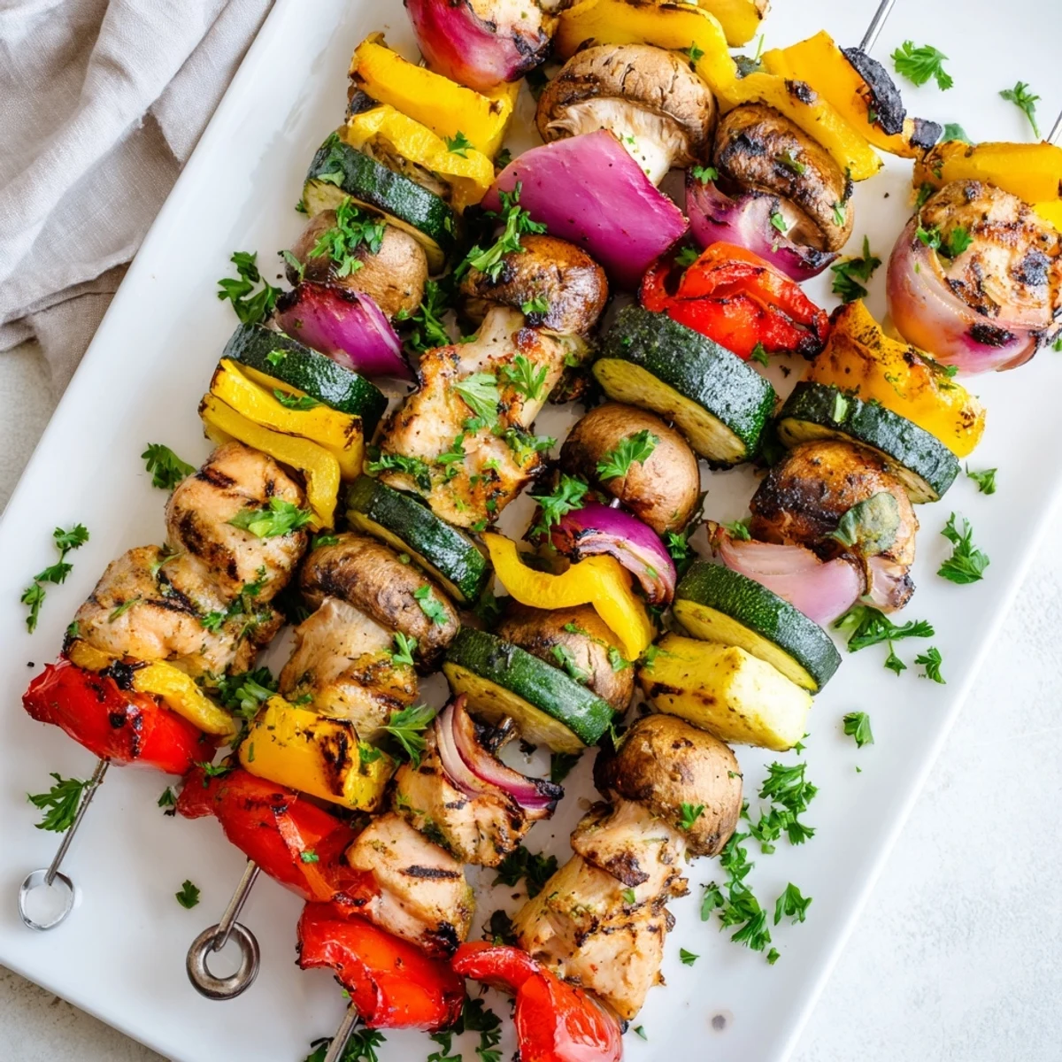 Juicy marinated chicken and crisp veggies threaded on skewers for a Mediterranean summer dinner