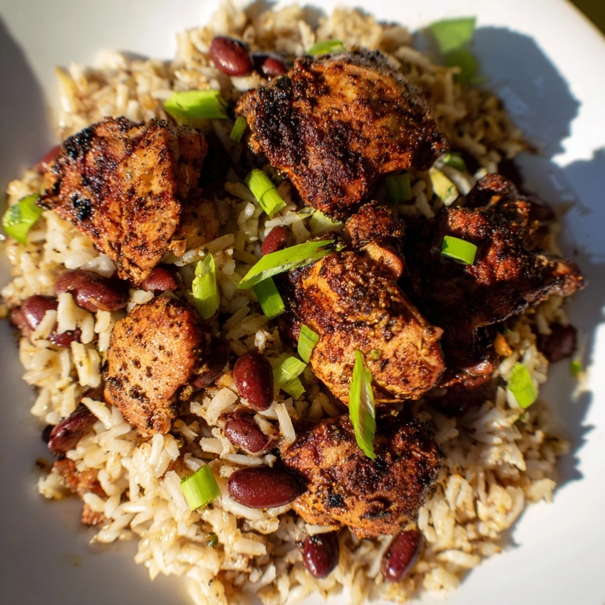 Golden brown Caribbean jerk chicken and rice served on a white plate