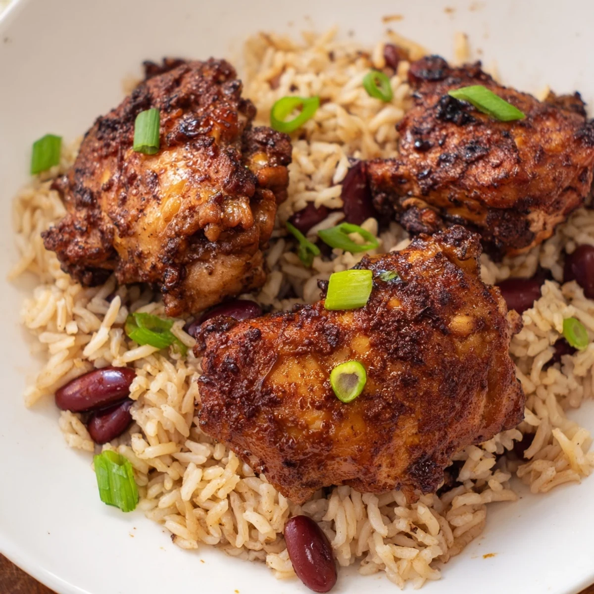 Vibrant Caribbean jerk chicken and rice plated with fresh green onion garnish