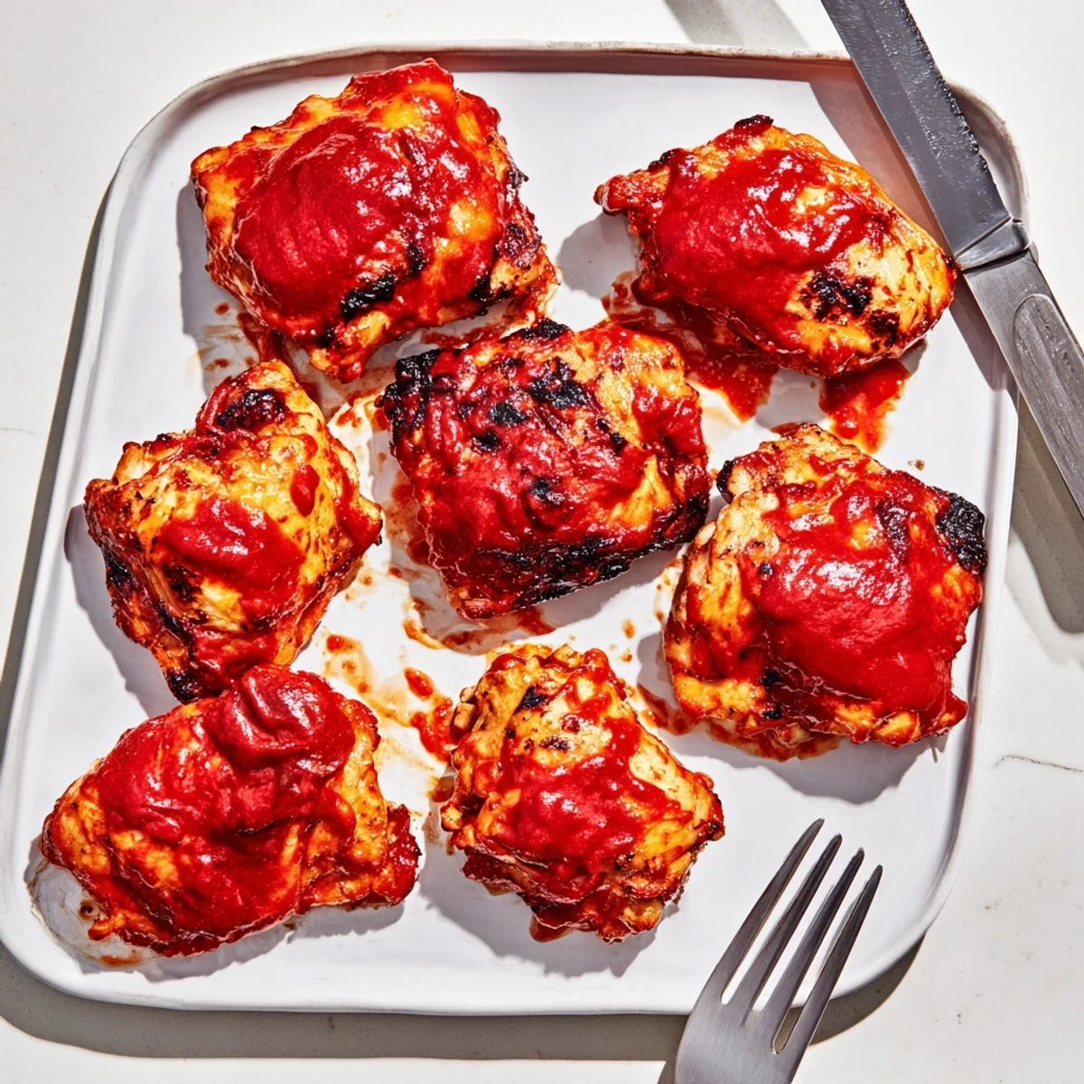 Golden BBQ chicken thighs glistening with smoky sauce, fresh off the grill with crispy charred edges