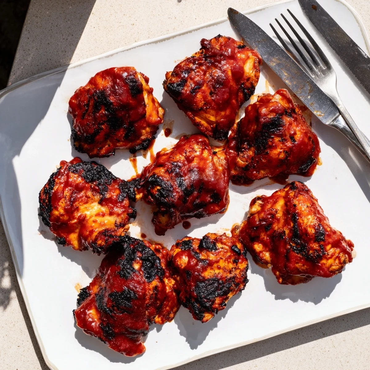 Tender oven-roasted BBQ chicken thighs brushed with tangy barbecue sauce, served on a white platter
