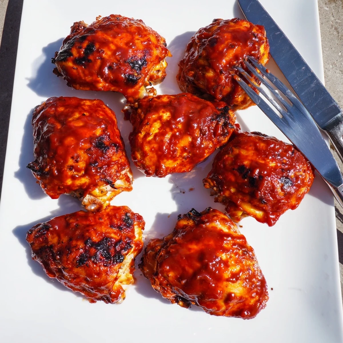 Juicy grilled BBQ chicken thighs with caramelized glaze, garnished with fresh parsley on a wooden board