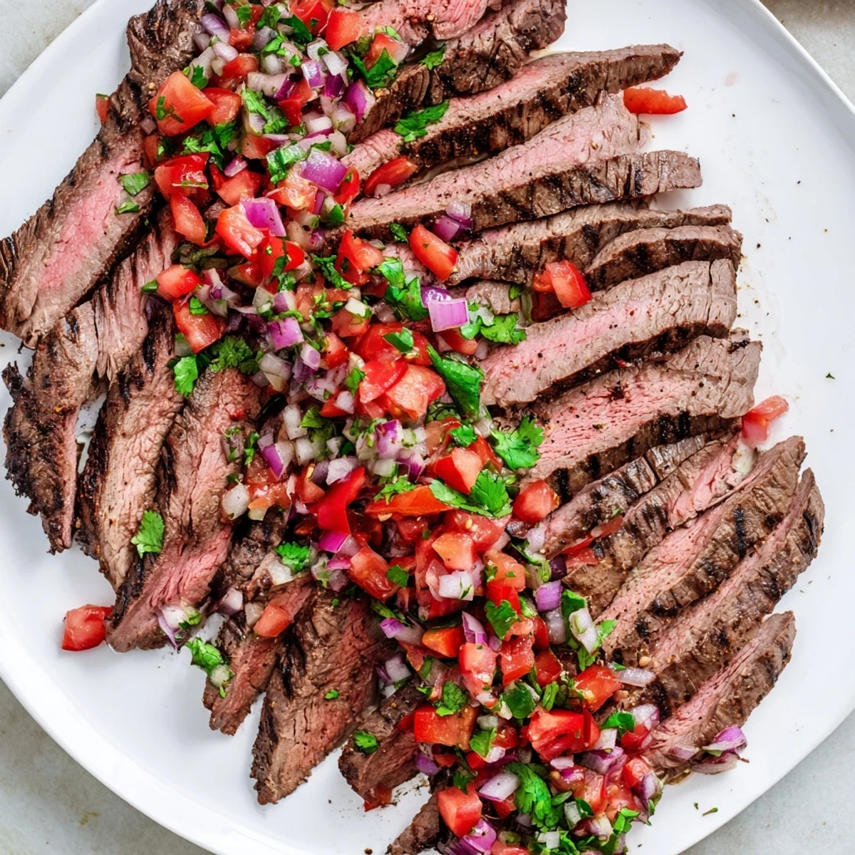 Juicy grilled flank steak slices topped with vibrant poblano pico de gallo on a white plate