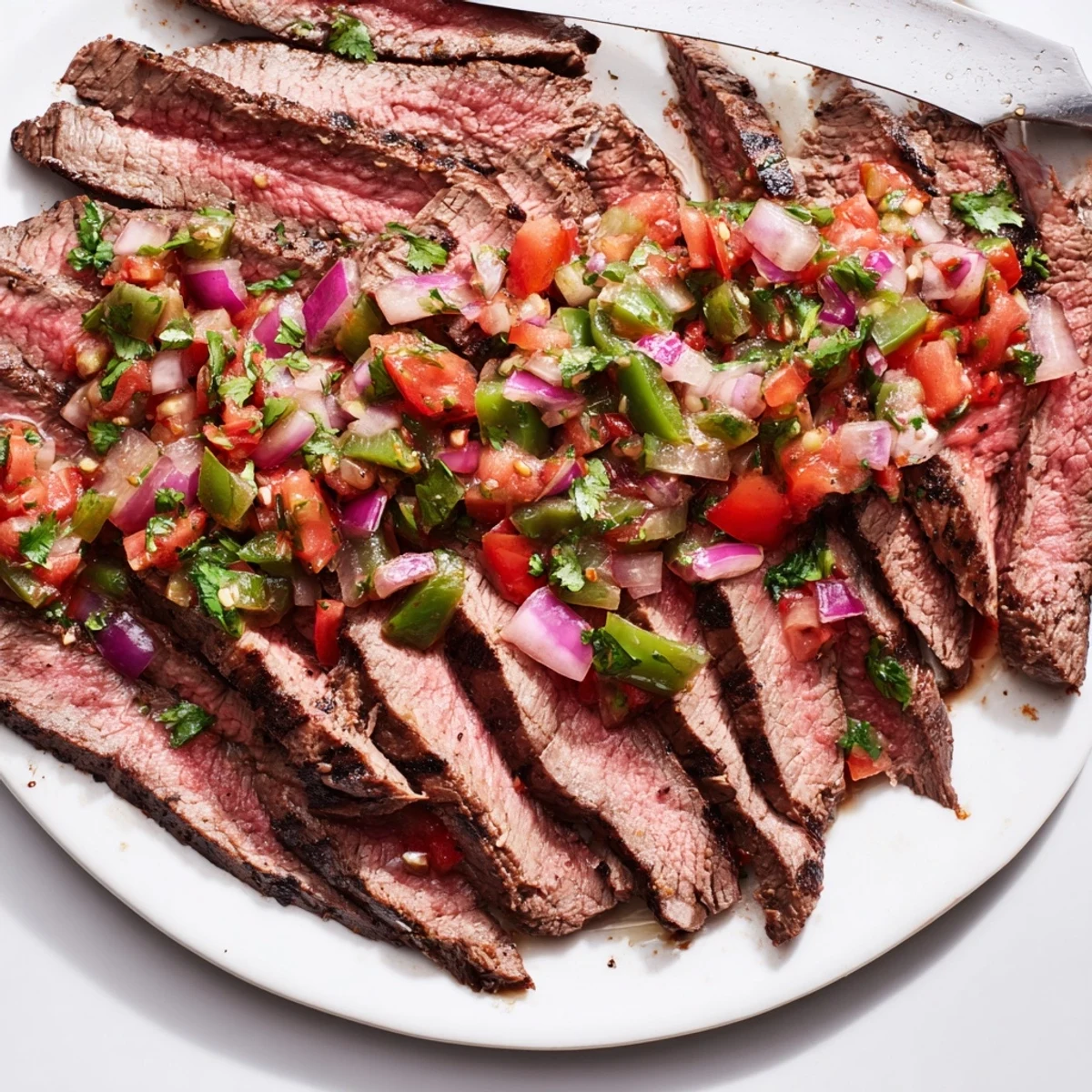 Sliced grilled flank steak served with fresh poblano pepper pico garnish for a summer dinner