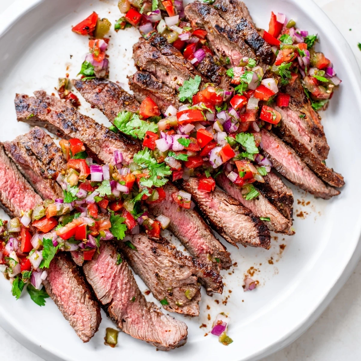 Medium-rare grilled flank steak arranged on a platter alongside colorful poblano tomato salsa