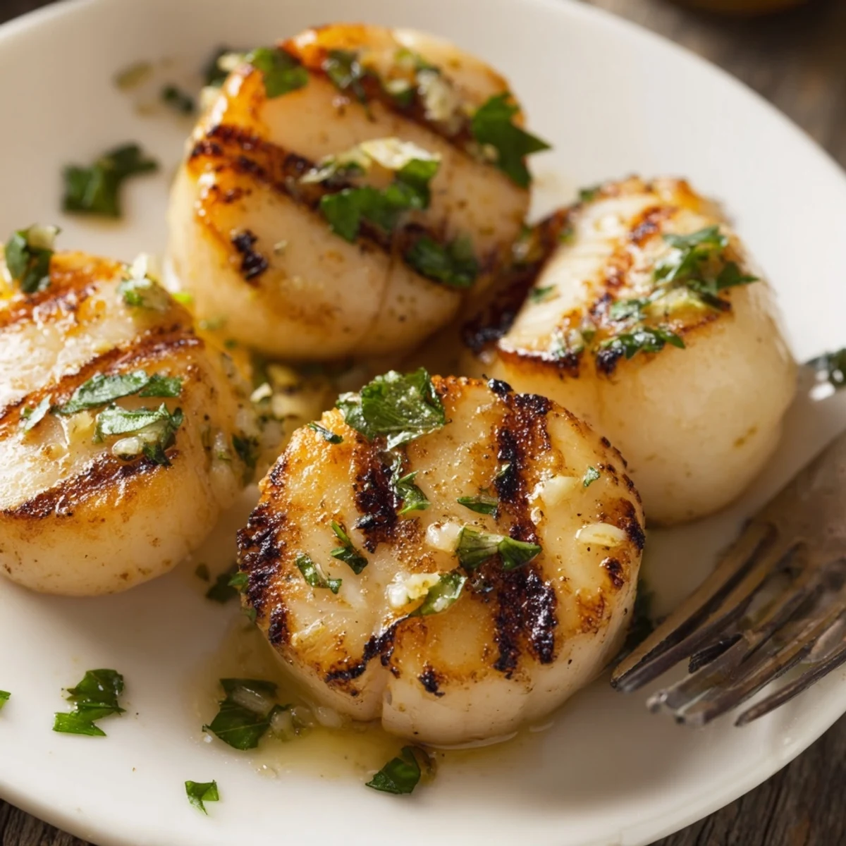 Golden brown grilled scallops recipe served with fresh lemon wedges and chopped parsley garnish on a white platter