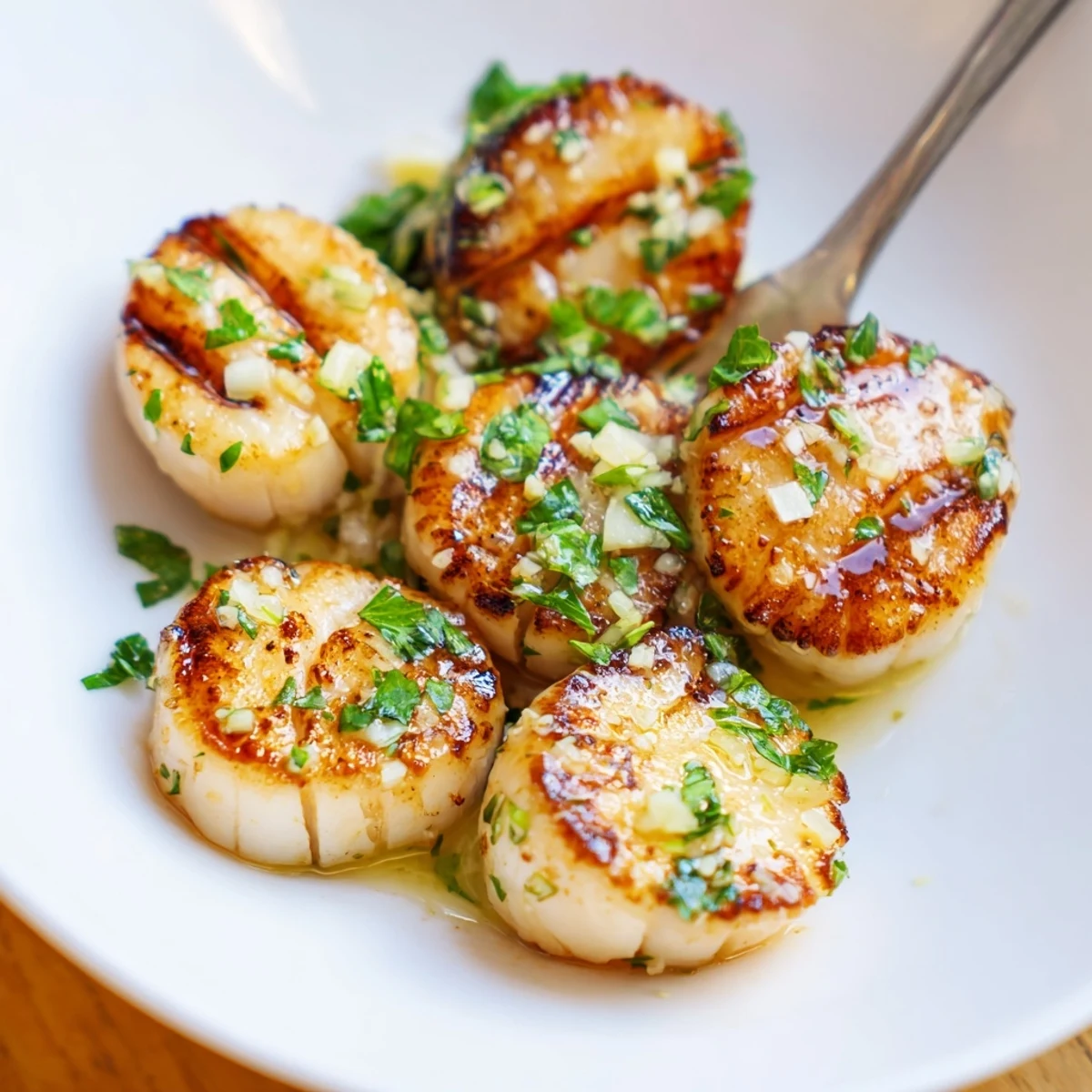 Succulent grilled scallops recipe arranged on a serving plate with bright lemon slices and delicate green parsley topping