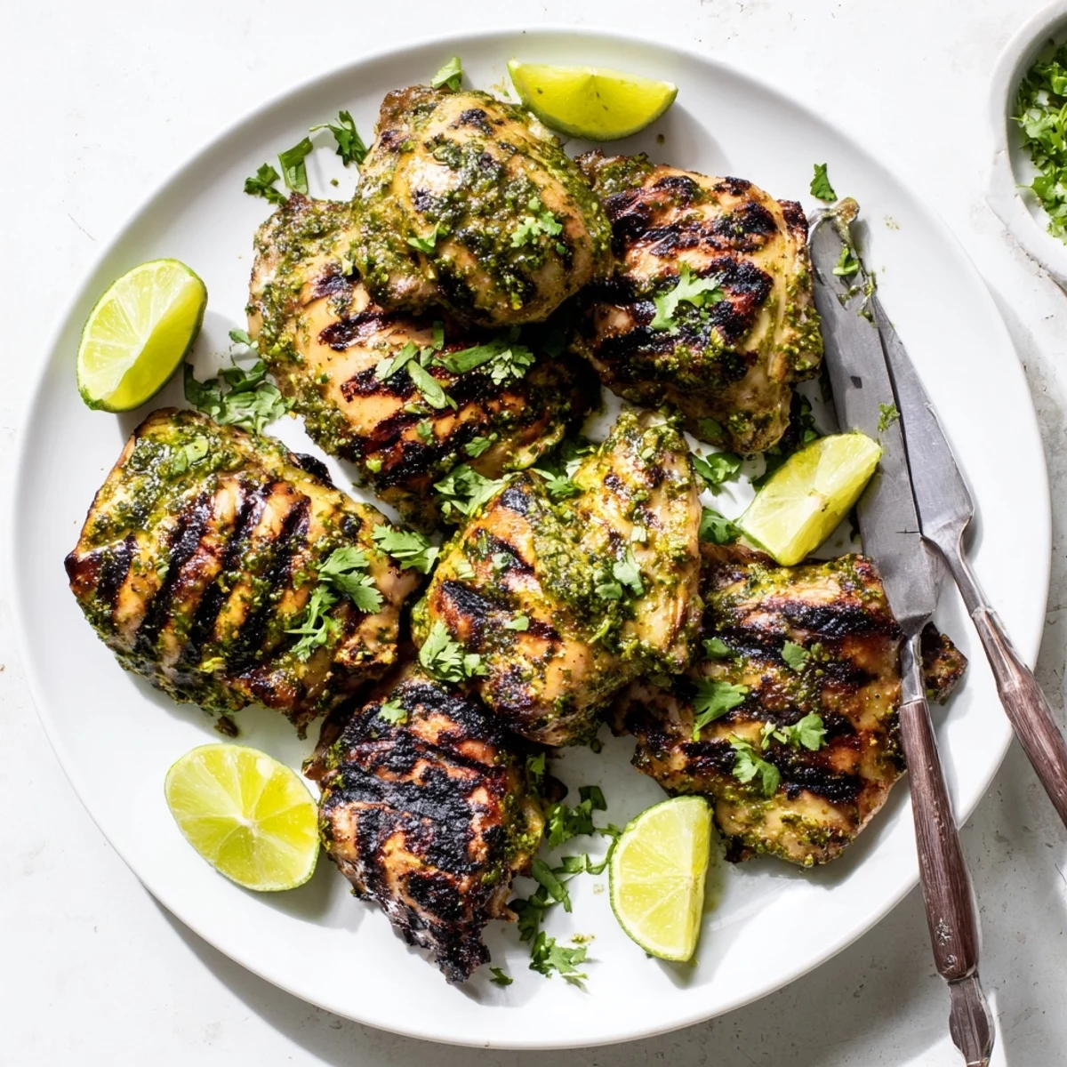 Golden brown grilled cilantro lime chicken thighs plated with fresh garnish