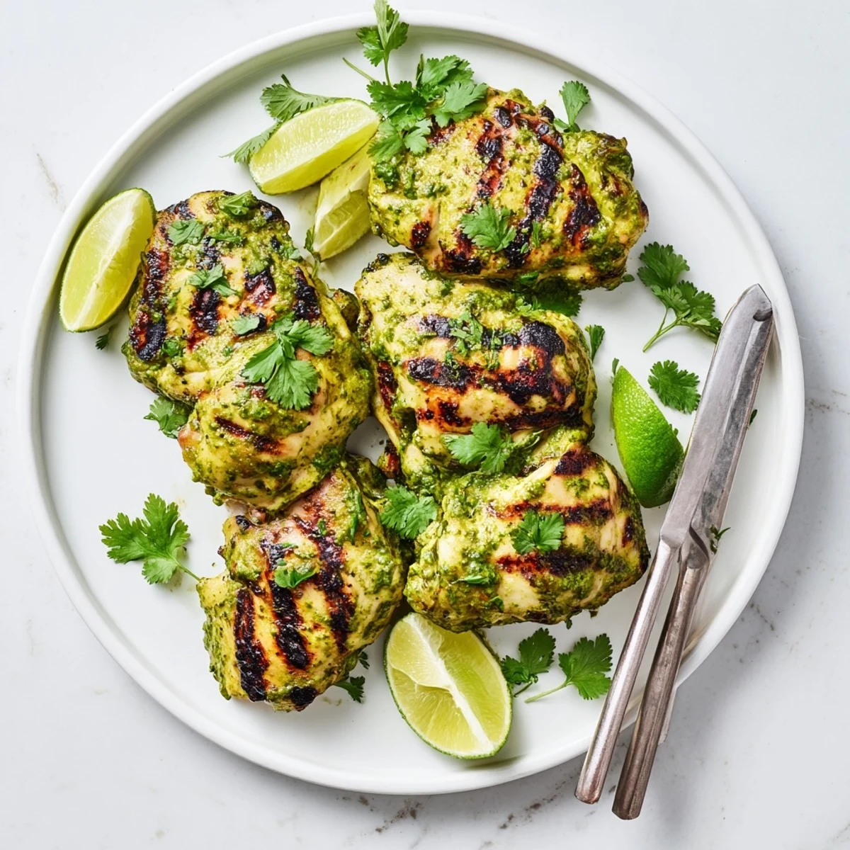 Juicy grilled chicken thighs coated in vibrant cilantro lime marinade resting on platter