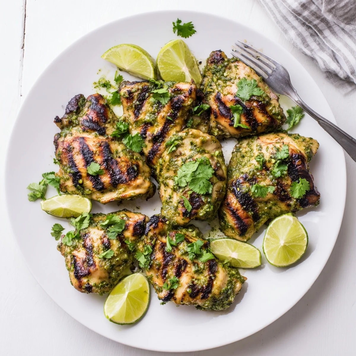 Zesty marinated chicken thighs sizzling on the grill with perfect char marks