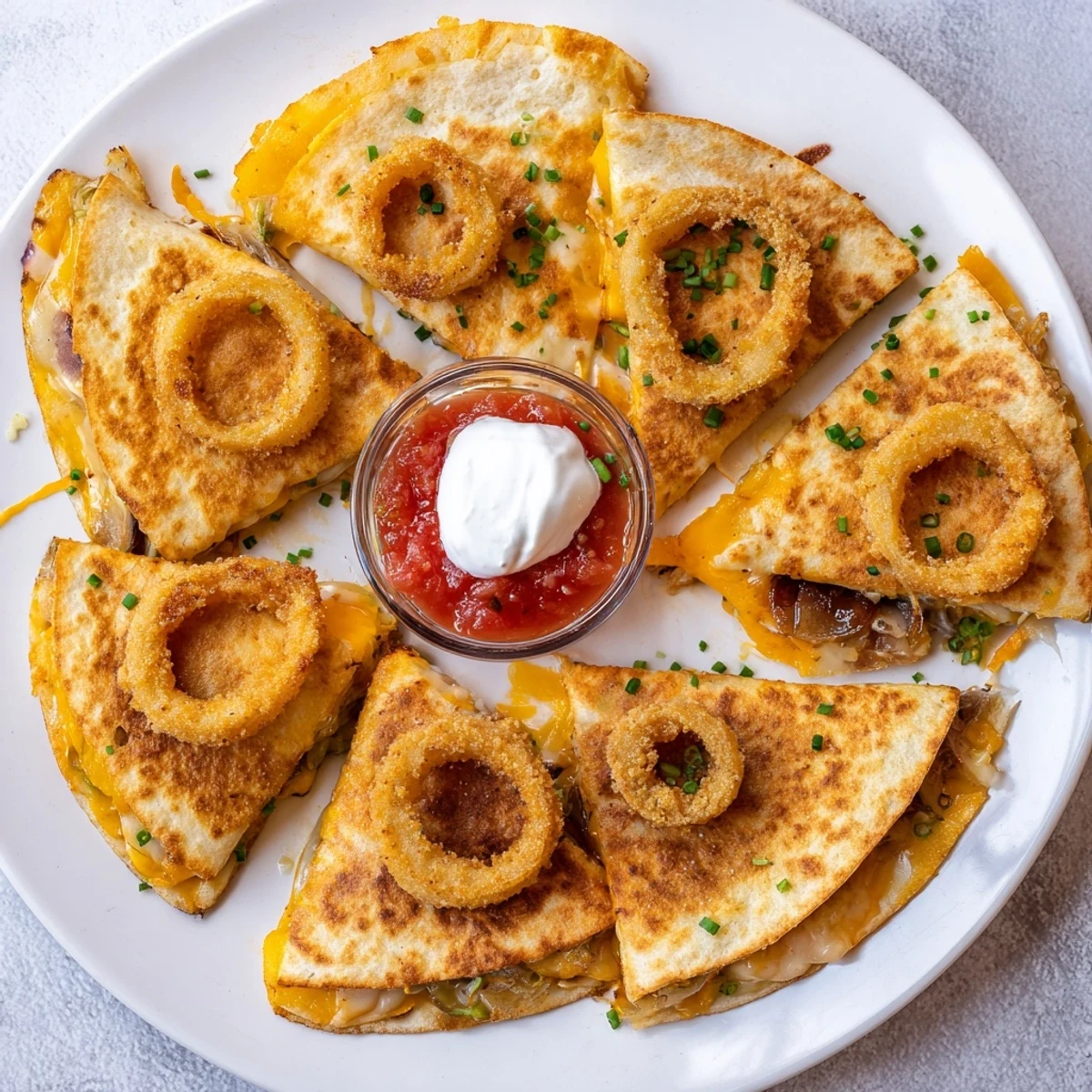 Golden quesadilla stuffed with crispy onion ring chips and melted cheddar mozzarella cheese