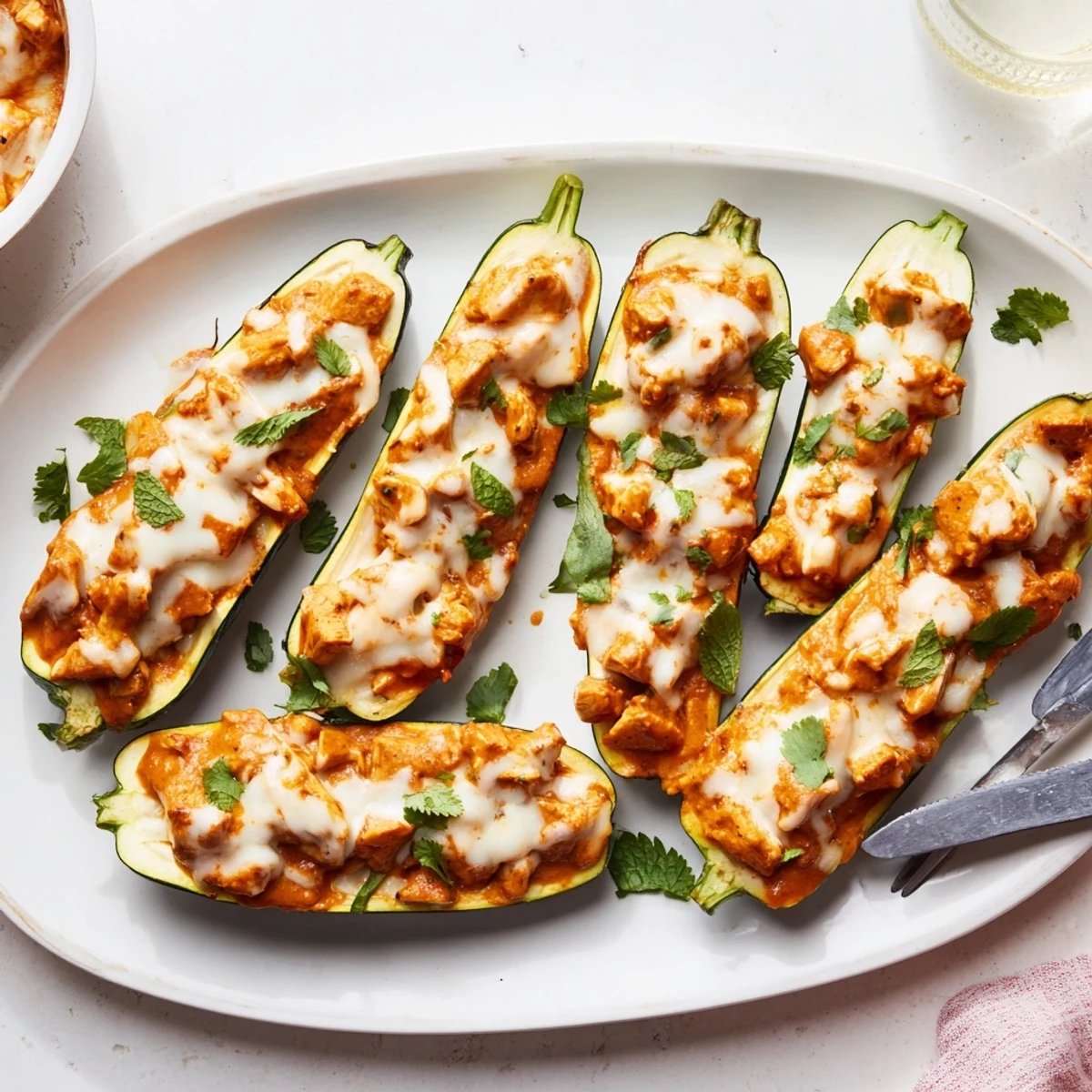 Creamy butter chicken stuffed zucchini halves fresh from the oven topped with shredded cheese and scattered fresh herbs