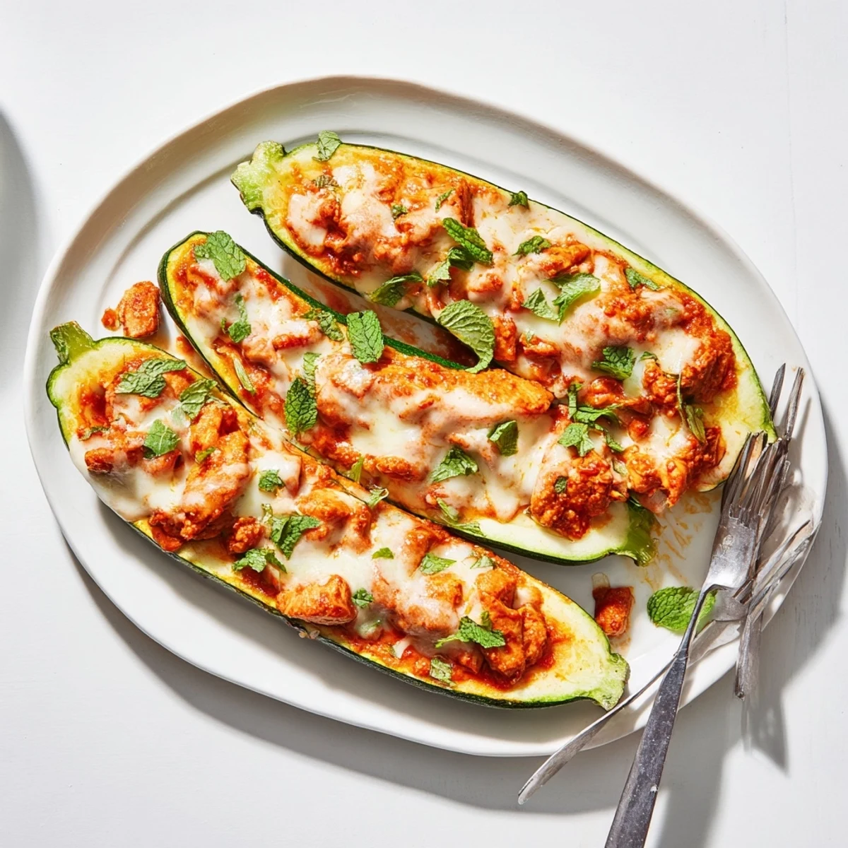 Golden baked zucchini boats mounded with spiced butter chicken and melted mozzarella garnished with vibrant green cilantro and mint leaves