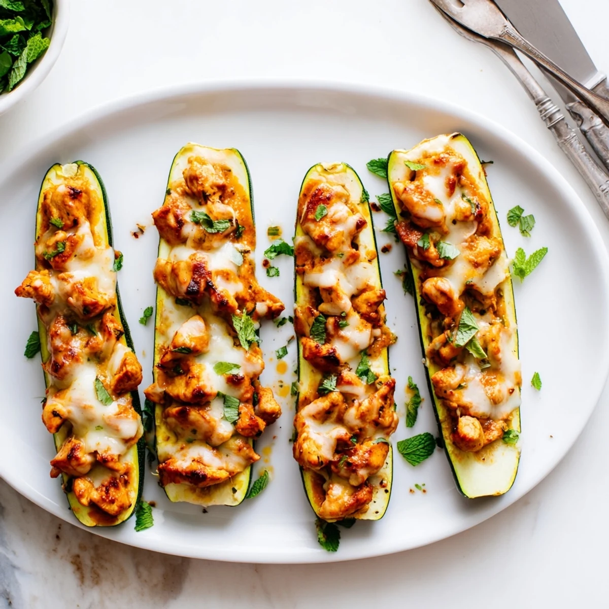 Tender roasted zucchini filled with aromatic Indian spiced chicken in tomato cream sauce finished with chopped cilantro and mint