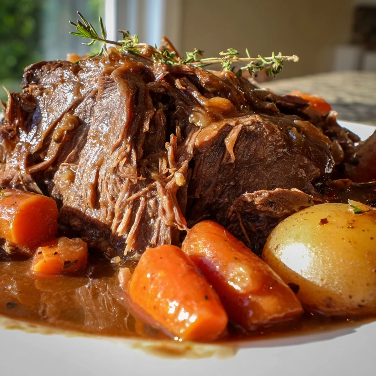 Herb braised beef chuck roast with tender slices surrounded by caramelized vegetables and rich gravy
