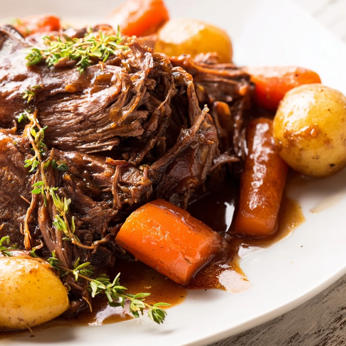 Slow-cooked herb braised beef chuck roast shredded into chunks with braised carrots and onions