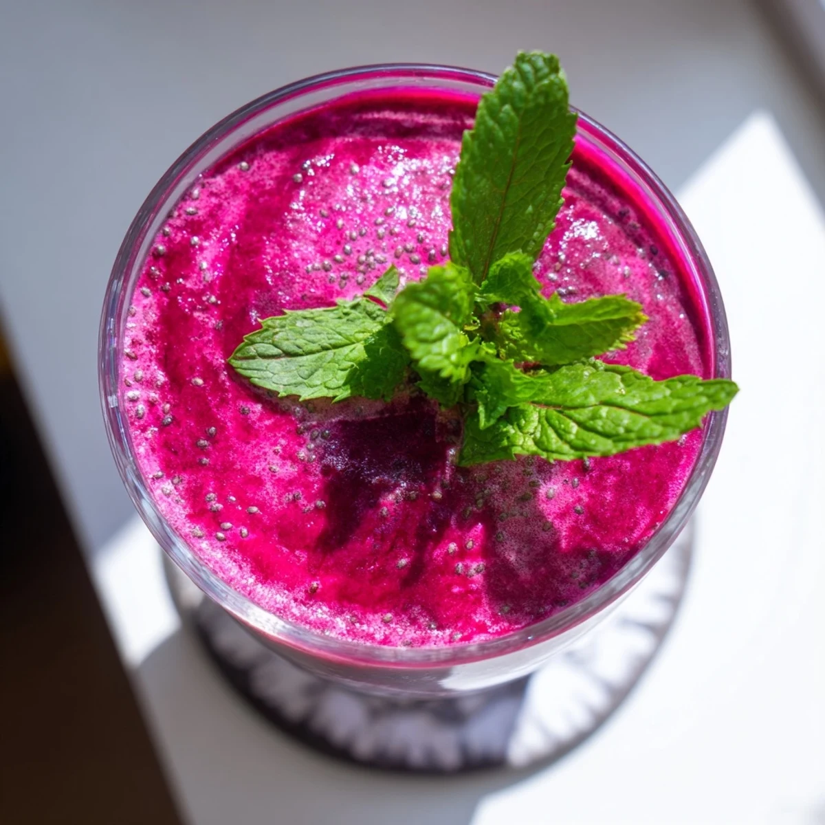 Creamy beet smoothie bowl topped with colorful sliced strawberries and chia seeds