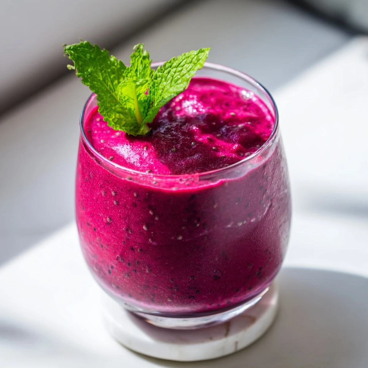 Vibrant magenta beet smoothie poured into a glass garnished with fresh mint sprigs