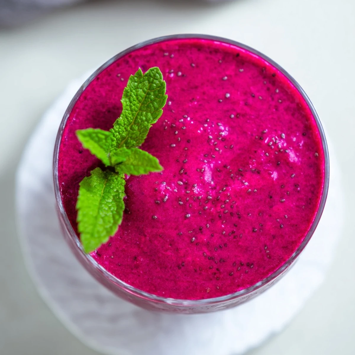 Thick purple beet smoothie in a clear glass showing layered fruit and yogurt textures