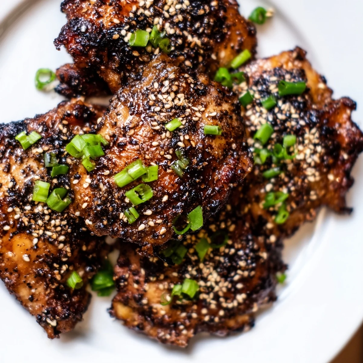 Golden brown garlic black pepper chicken thighs garnished with fresh green onions and sesame seeds