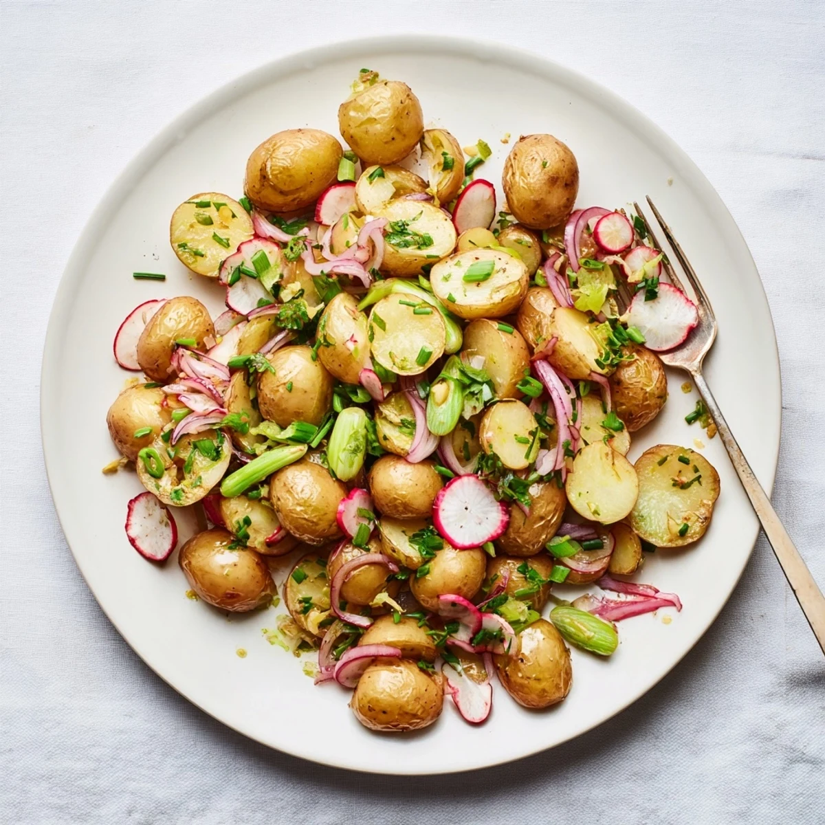 Warm roasted potato salad tossed with red onion, celery, radishes, and vibrant green chives