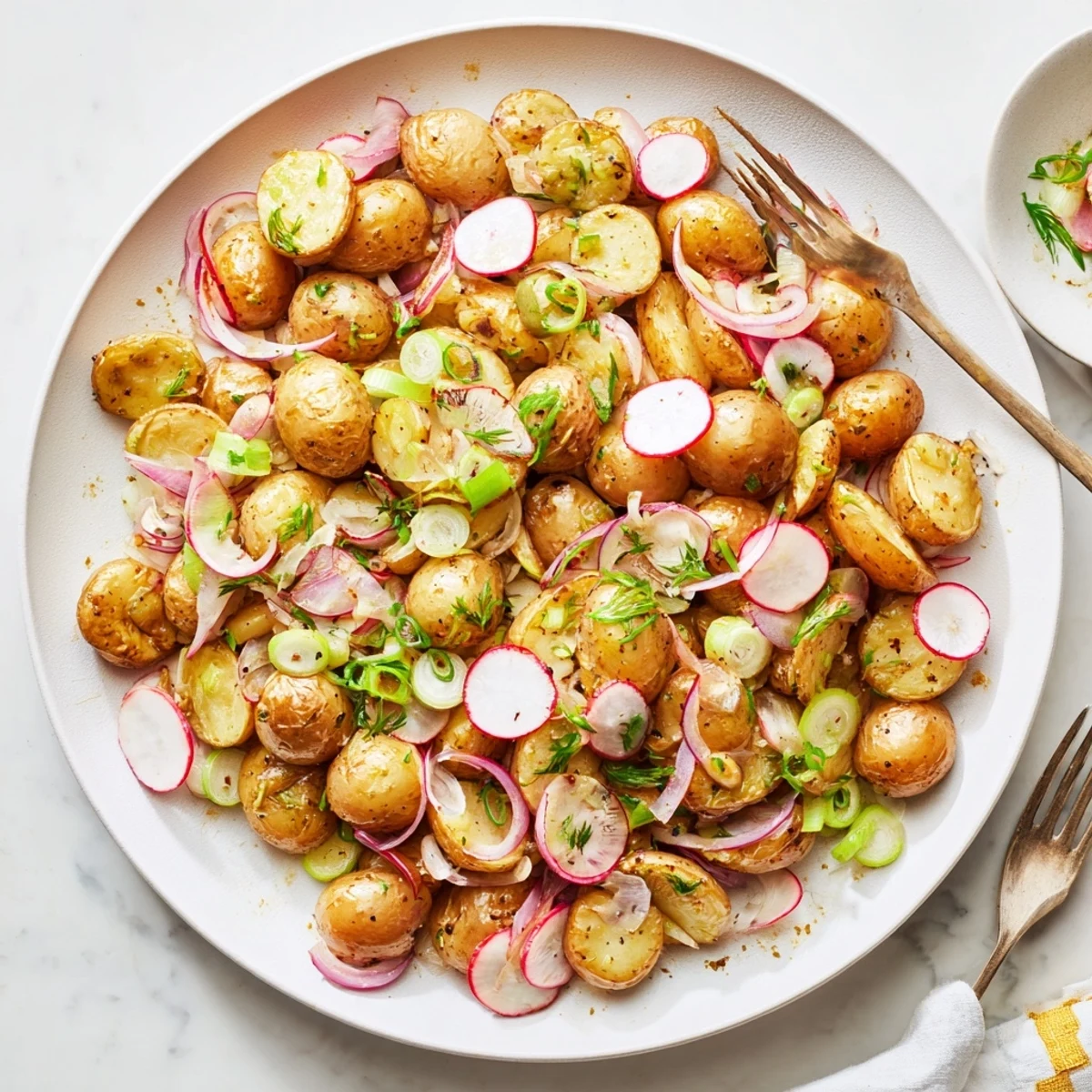 Close-up of roasted potato salad featuring golden brown potatoes coated in creamy Dijon mustard dressing