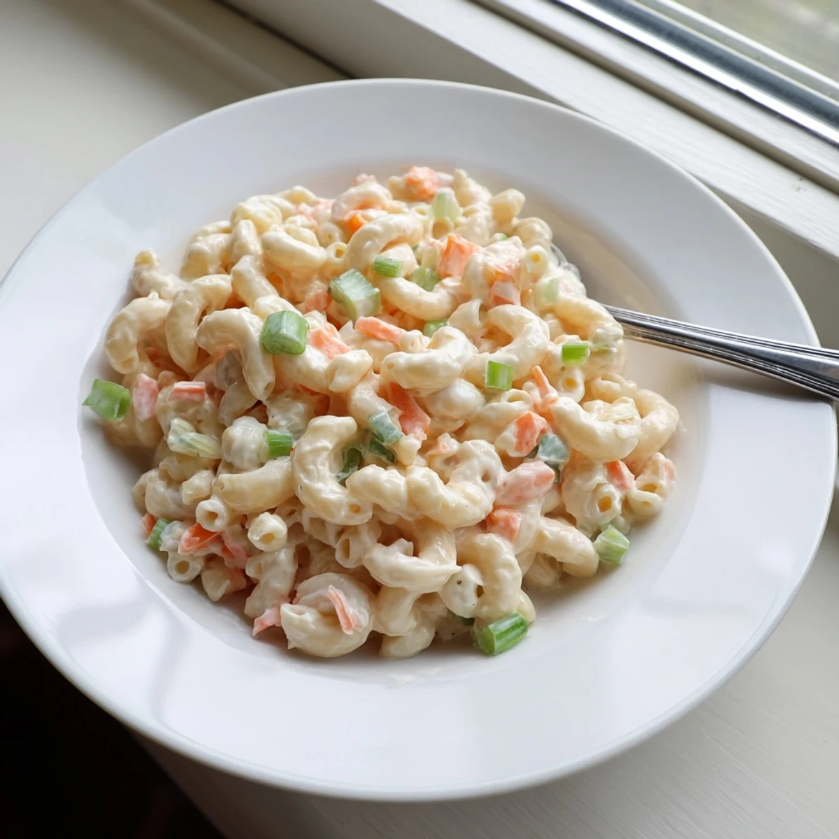Golden macaroni salad bowl dotted with vibrant orange carrots and green onions in a velvety white mayonnaise base.