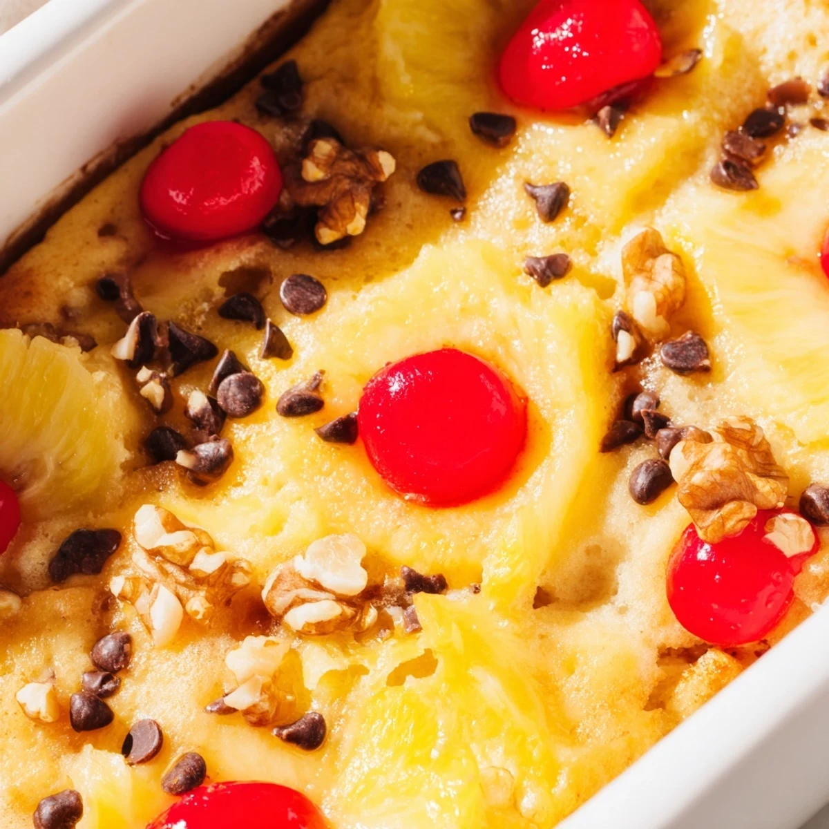 Baked banana split dump cake topped with whipped cream chocolate syrup and maraschino cherries