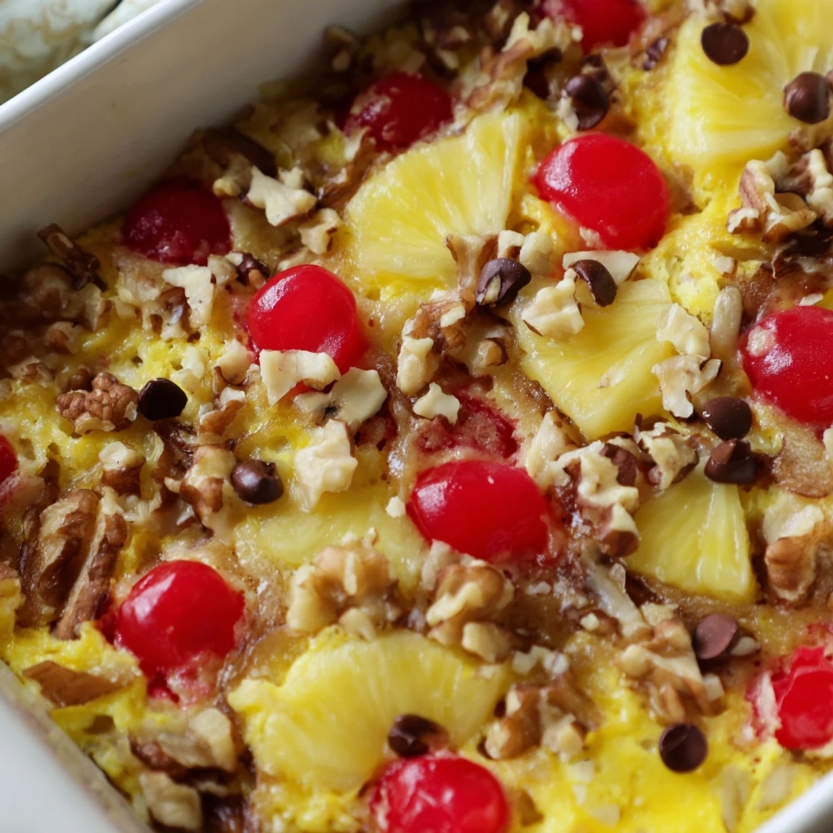 Golden banana split dump cake with bubbling fruit layers and melted butter topping