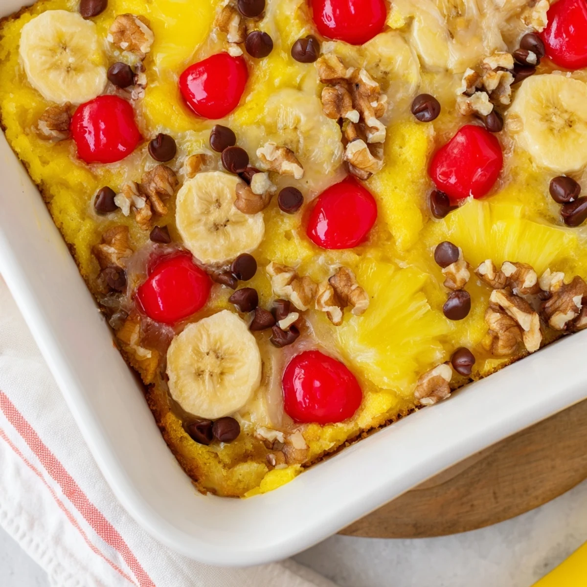 Gooey yellow cake crumble over sweet bananas pineapple and cherries in this banana split dump cake