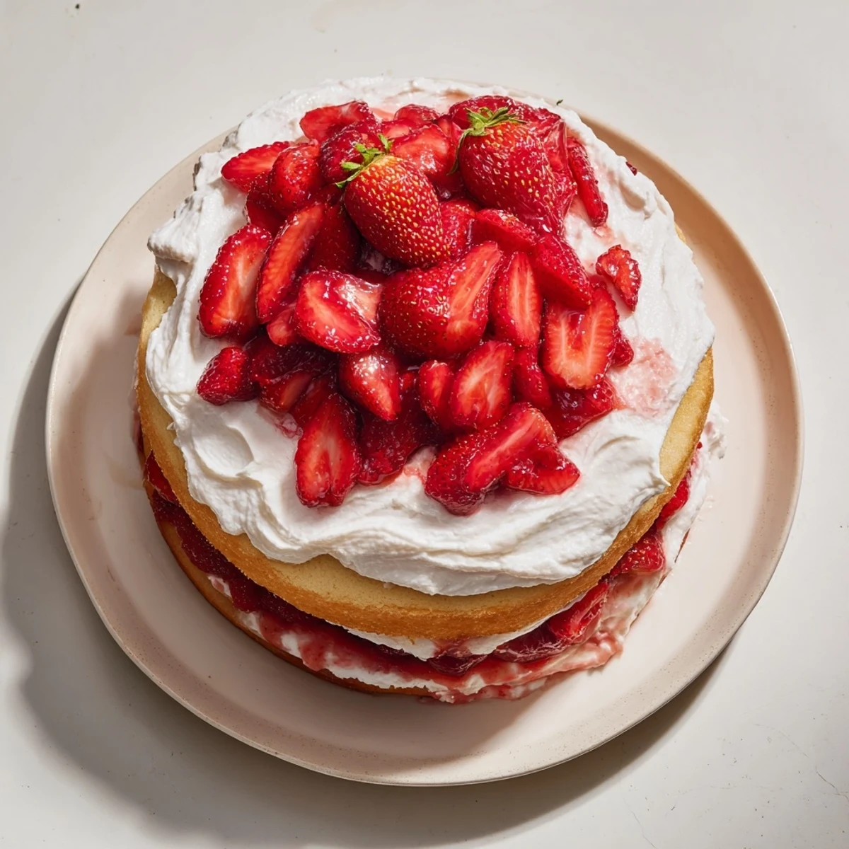 Golden layer cake stacked with fresh strawberries and clouds of whipped cream