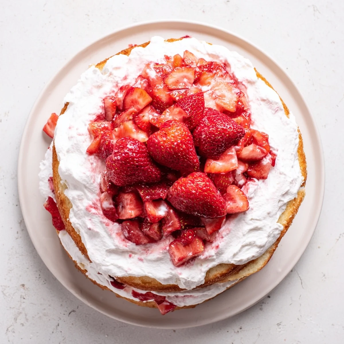 Decadent strawberry shortcake cake slice revealing vanilla sponge and sweet berry filling