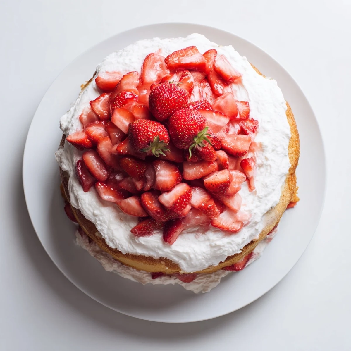 Tall strawberry shortcake cake crowned with ruby red berries and fluffy white cream