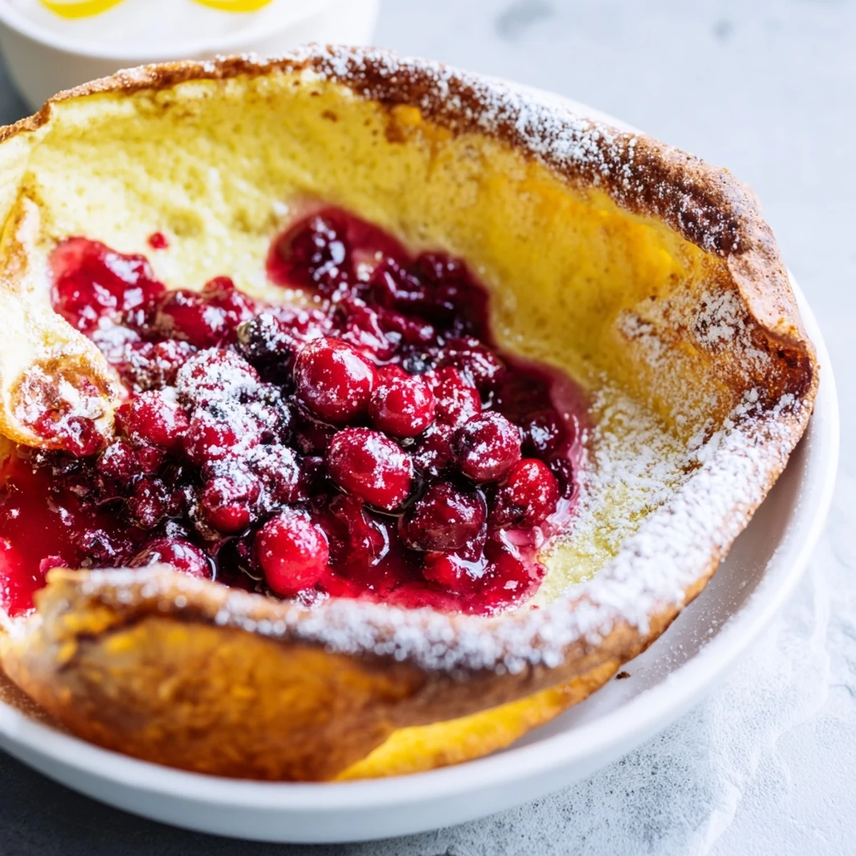 Golden Dutch baby pancake with cranberry compote dusted with powdered sugar on a white plate