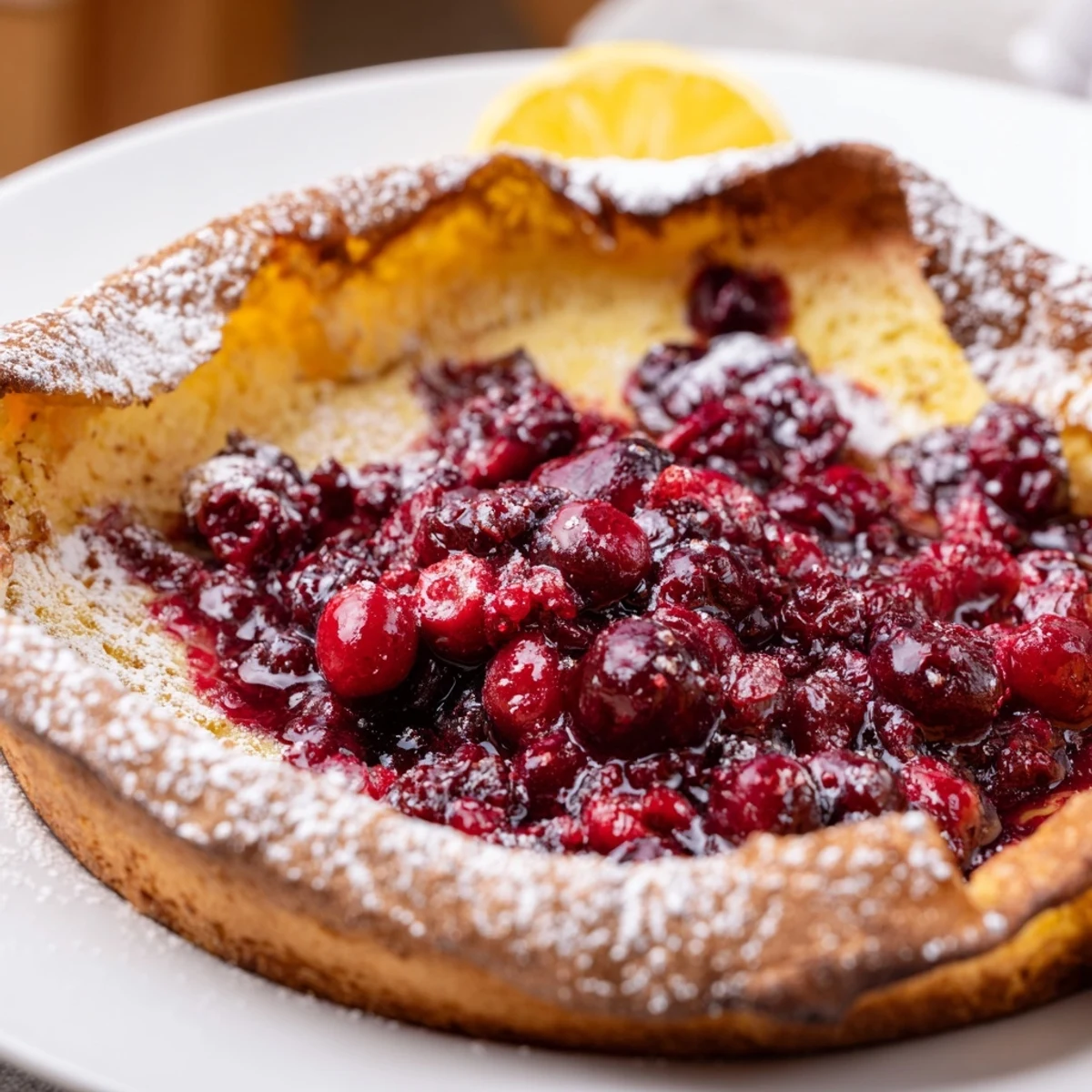 Puffed golden pancake served warm with vibrant cranberry compote and light powdered sugar coating