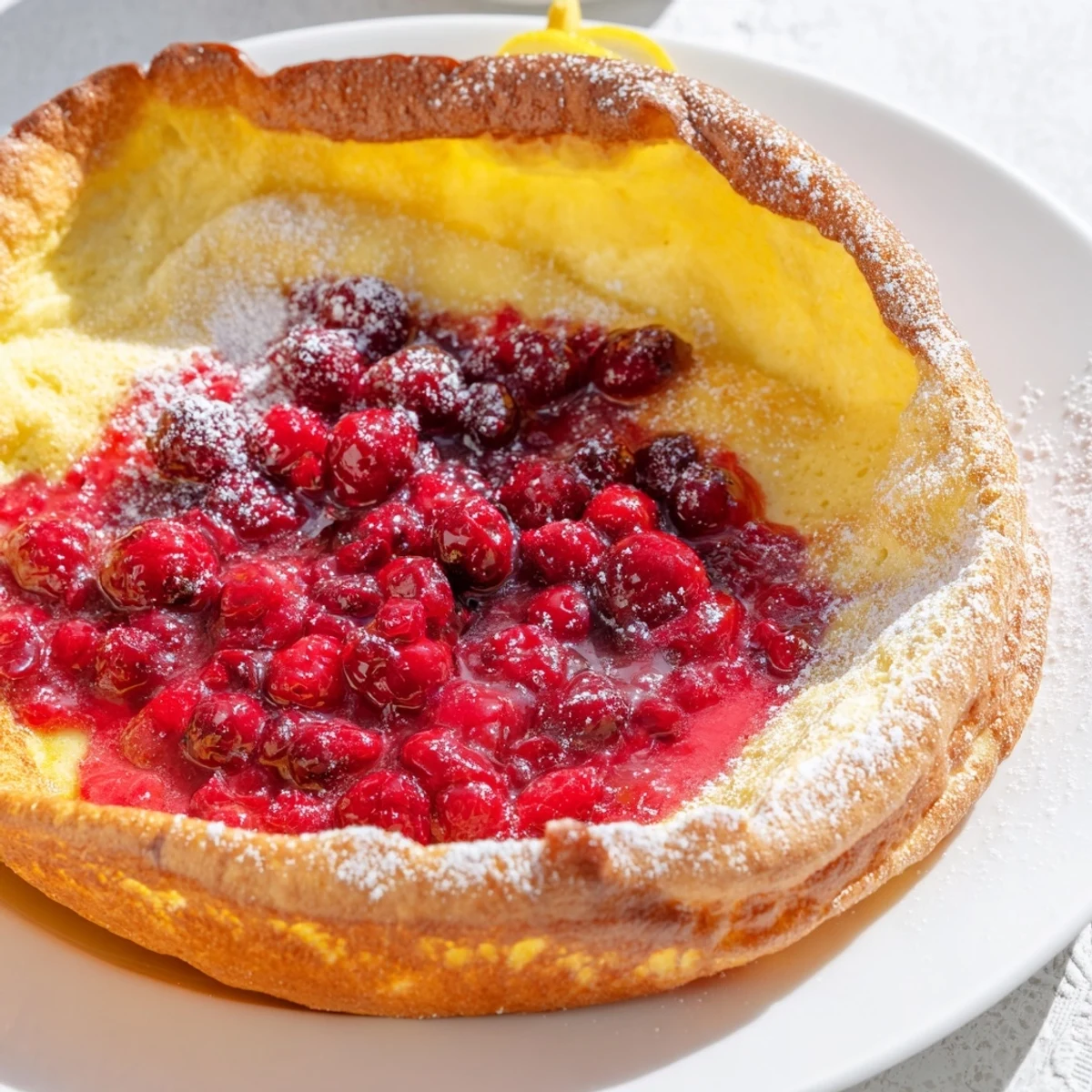 Fluffy oven-baked Dutch baby topped with tangy red cranberry sauce and lemon wedges for brunch