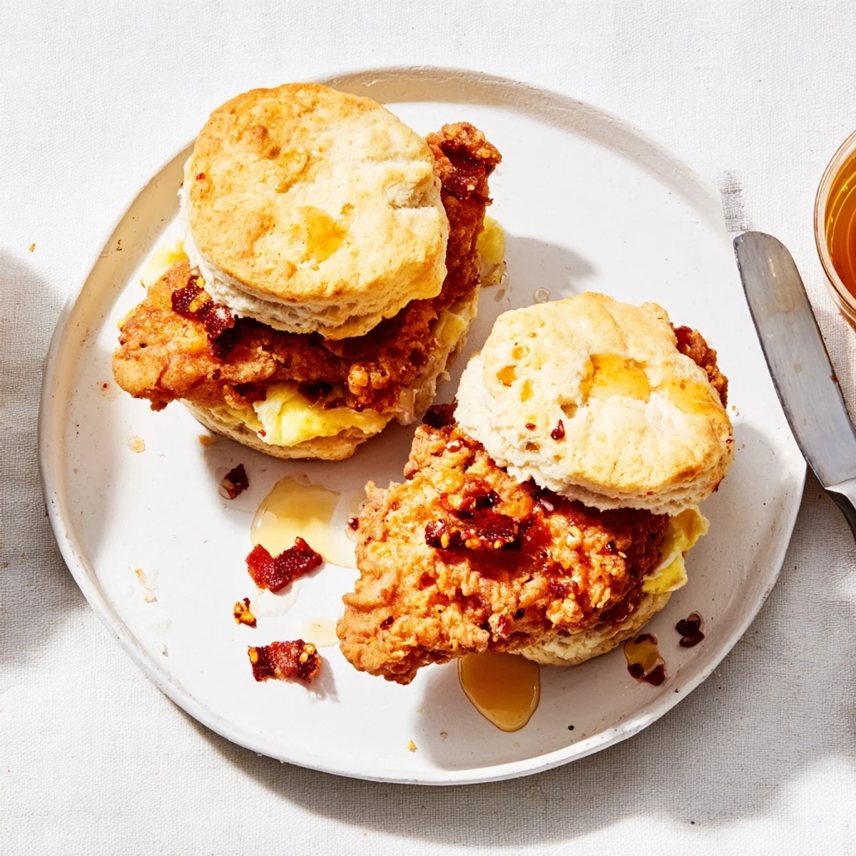 Golden hot honey chicken biscuits stacked with crispy fried chicken and spicy honey drizzle