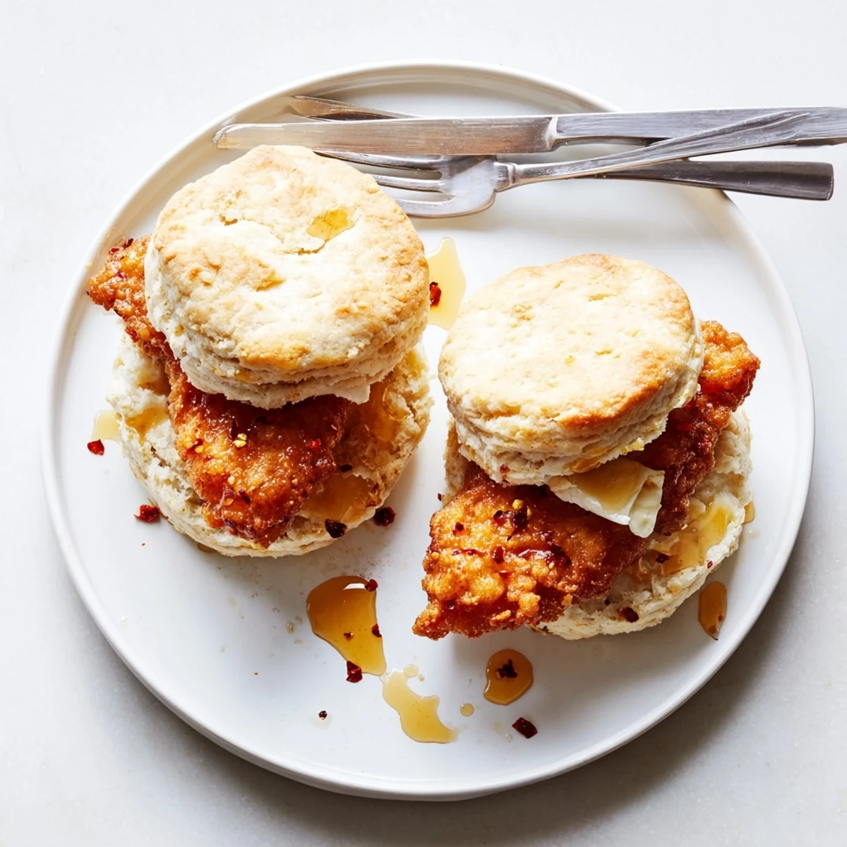 Flaky buttermilk biscuit sandwich with golden fried chicken topped with sweet and spicy hot honey