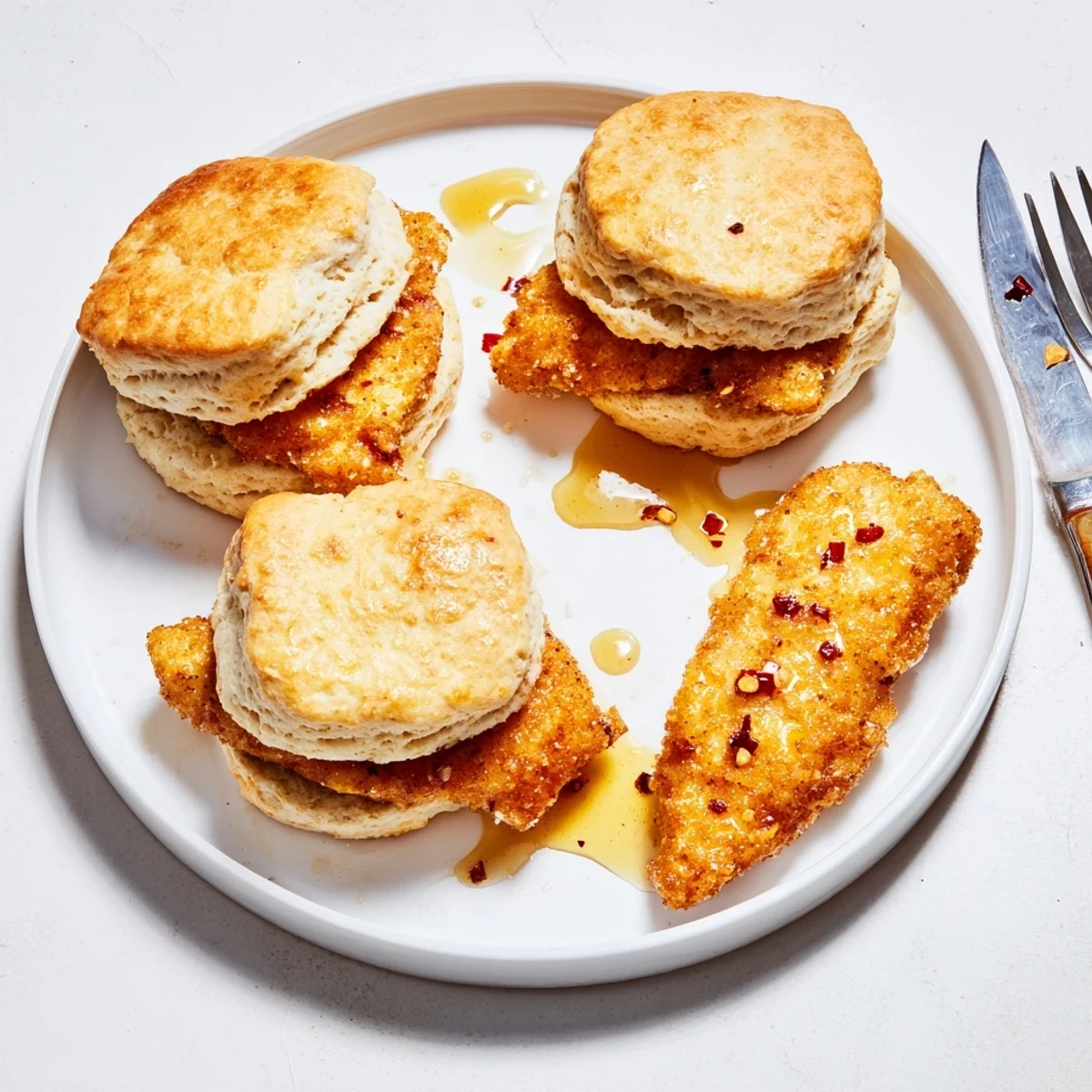 Close-up of hot honey chicken biscuits featuring crunchy fried chicken and glossy honey coating
