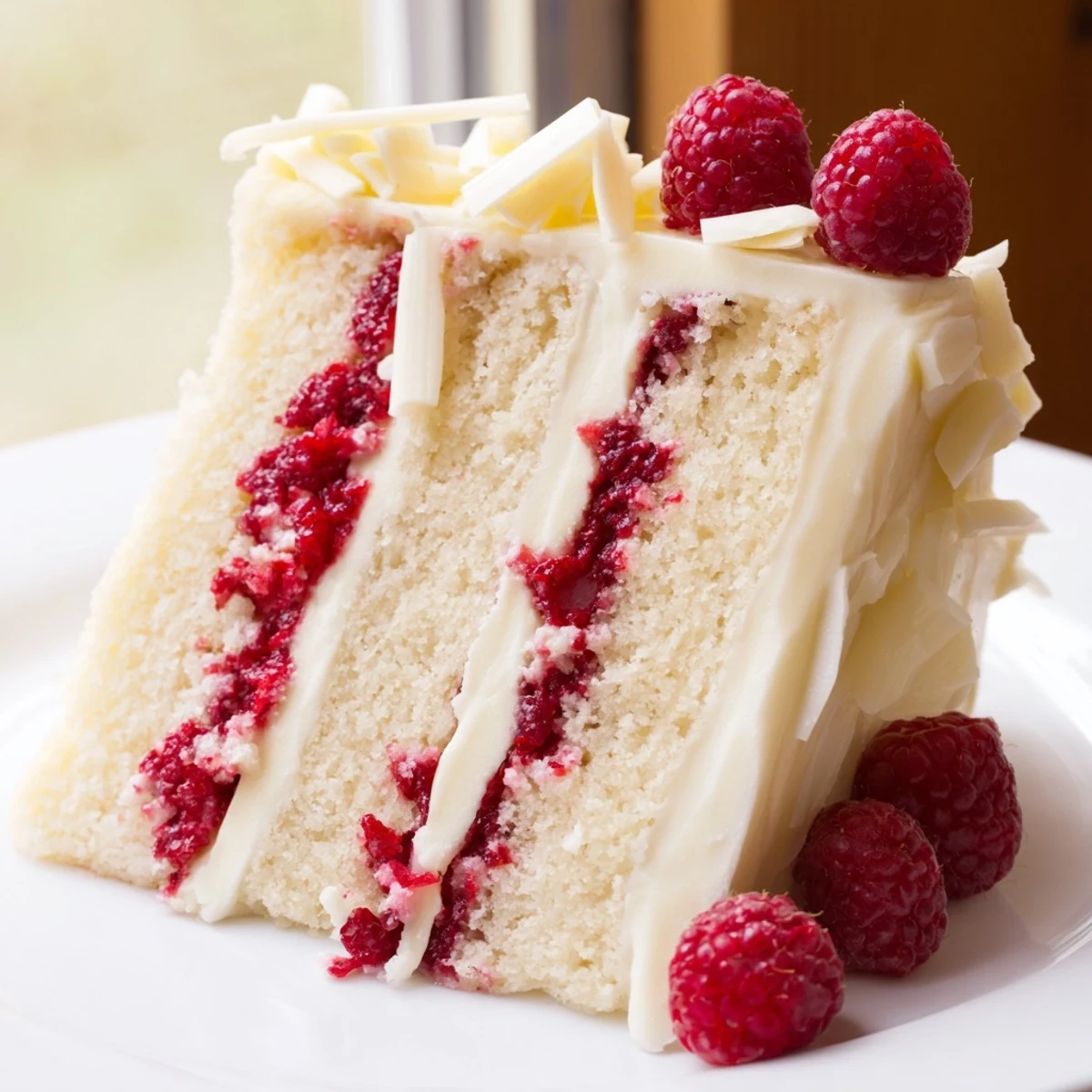 Elegant three-layer white chocolate raspberry dream cake with fresh ruby berry filling peeking between moist white chocolate frosted layers