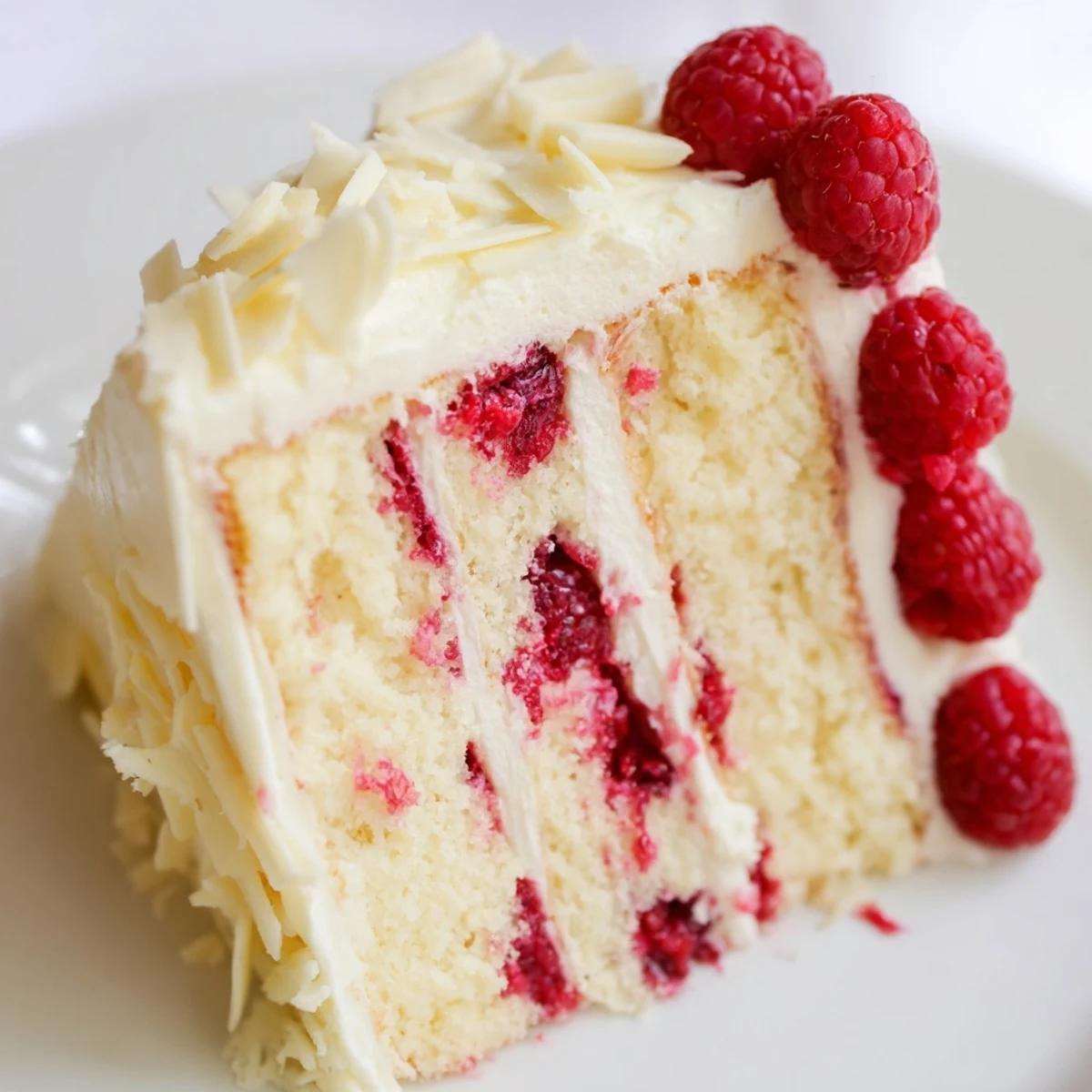 Decadent white chocolate raspberry dream cake topped with fresh raspberries and white chocolate curls on a rustic wooden serving board