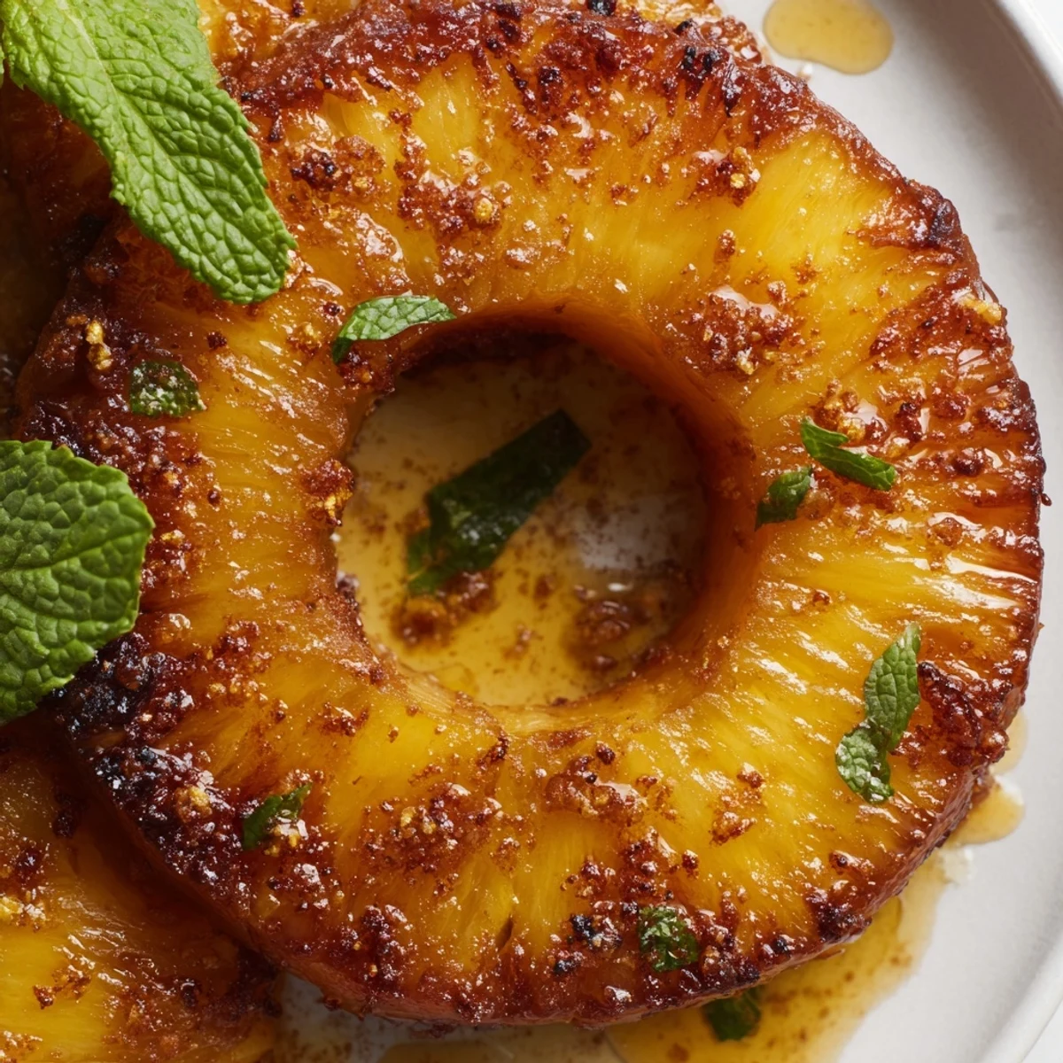 Golden air fryer pineapple rings caramelized with brown sugar and cinnamon on a white serving plate