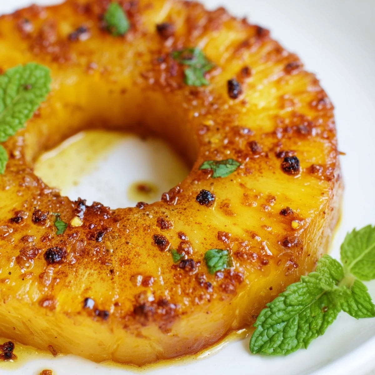 Crispy caramelized pineapple rings dusted with cinnamon sugar served warm with fresh mint sprigs on a rustic wooden board