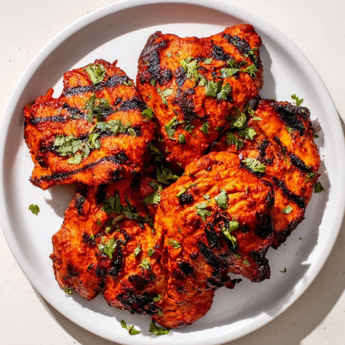 Vibrant red Tandoori Chicken drumsticks with smoky char marks and chopped cilantro topping