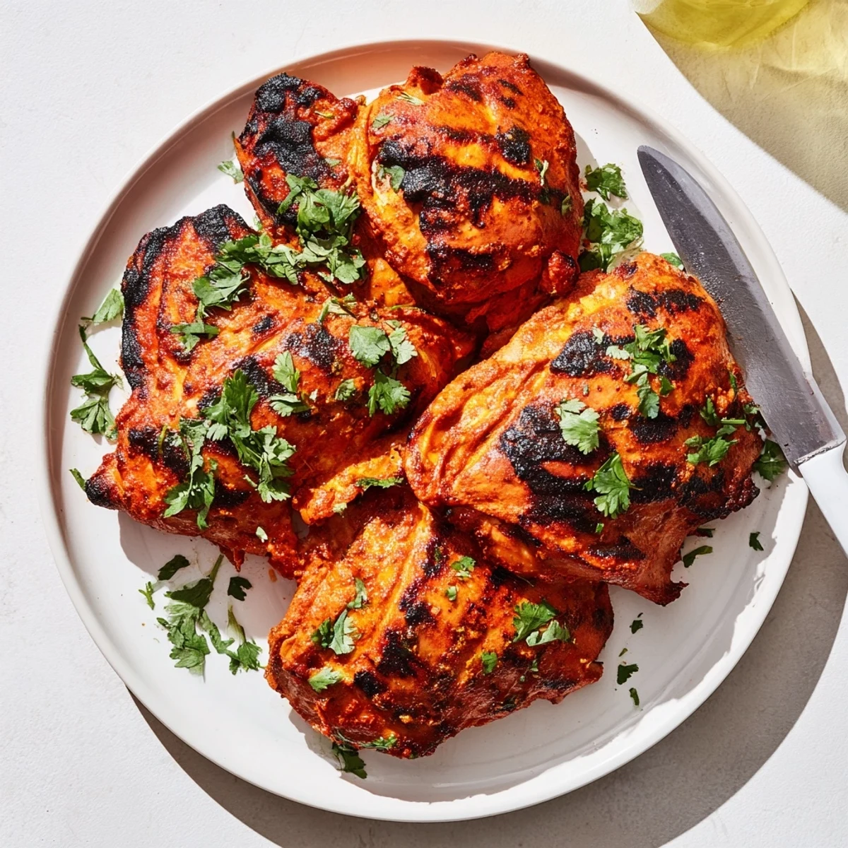 Succulent Tandoori Chicken with charred edges garnished with fresh cilantro and lemon wedges