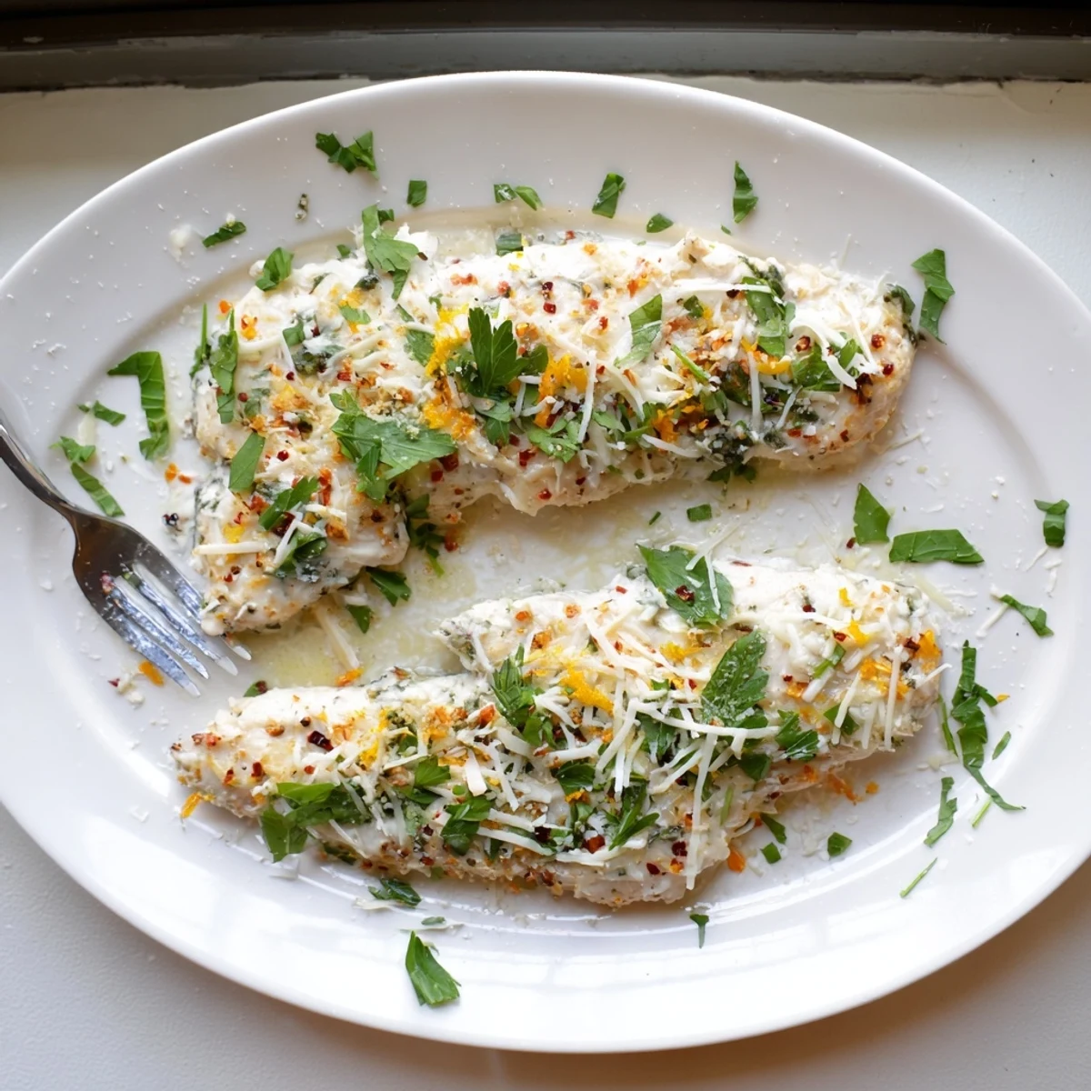 Golden baked creamy ricotta chicken with bubbling cheese topping fresh from the oven