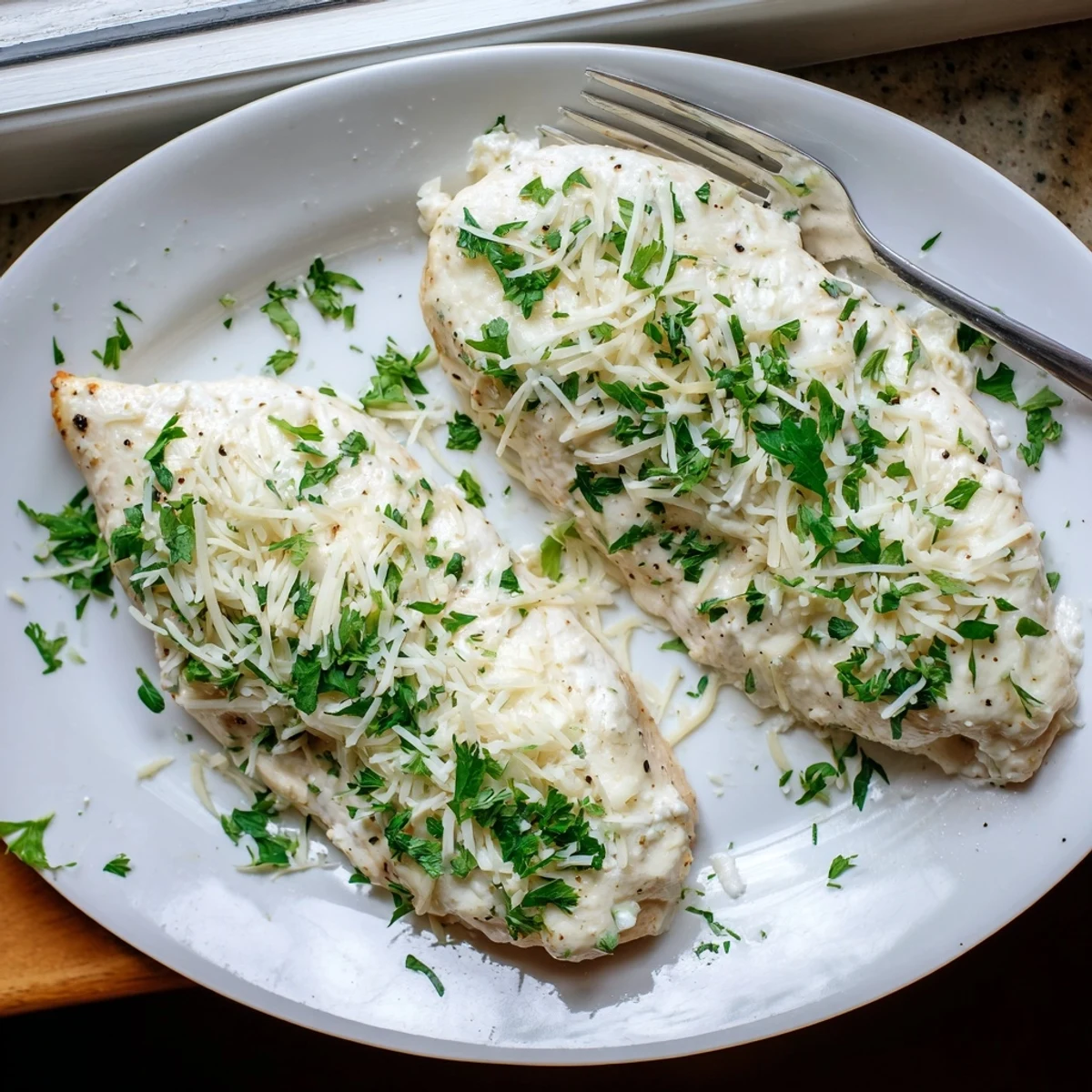 Creamy baked ricotta chicken plated with fresh parsley garnish ready for serving