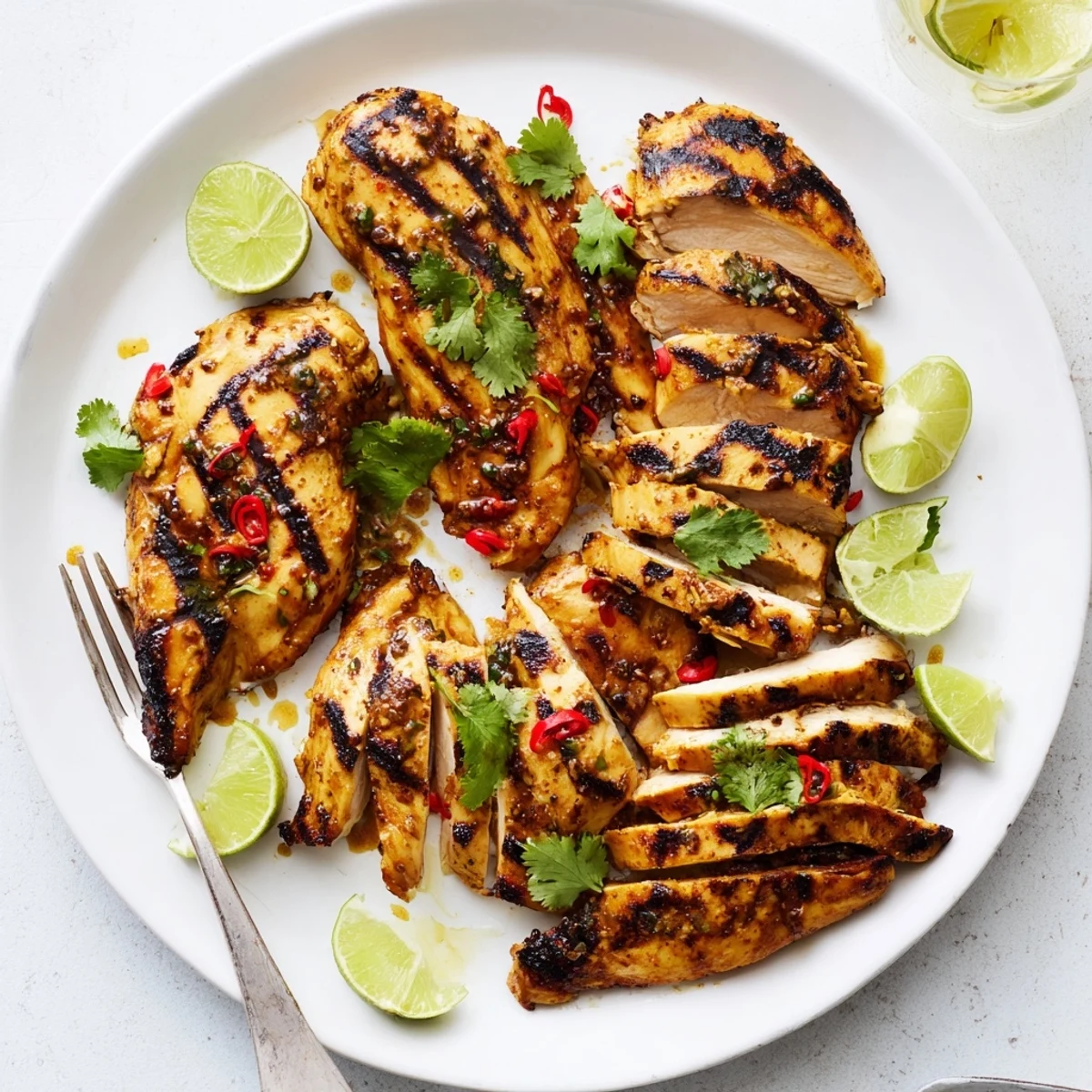 Golden grilled chili lime chicken breast sliced with fresh lime wedges and cilantro garnish