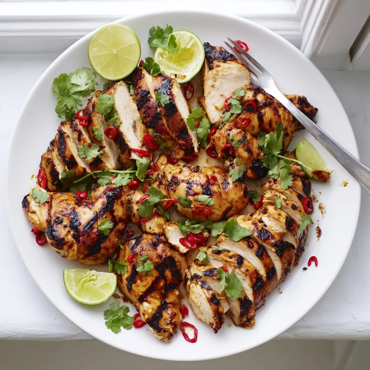Mexican-inspired chili lime chicken dish served over rice with grilled vegetables and fresh herbs