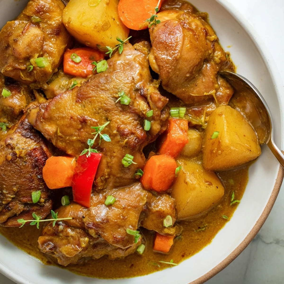 Bowl of Irresistibly Tender Jamaican Curry Chicken garnished with scallions, steam rising
